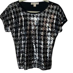 Michael Michael Kors Houndstooth Sequin Short Sleeve Popover Top SzS BlackSilver